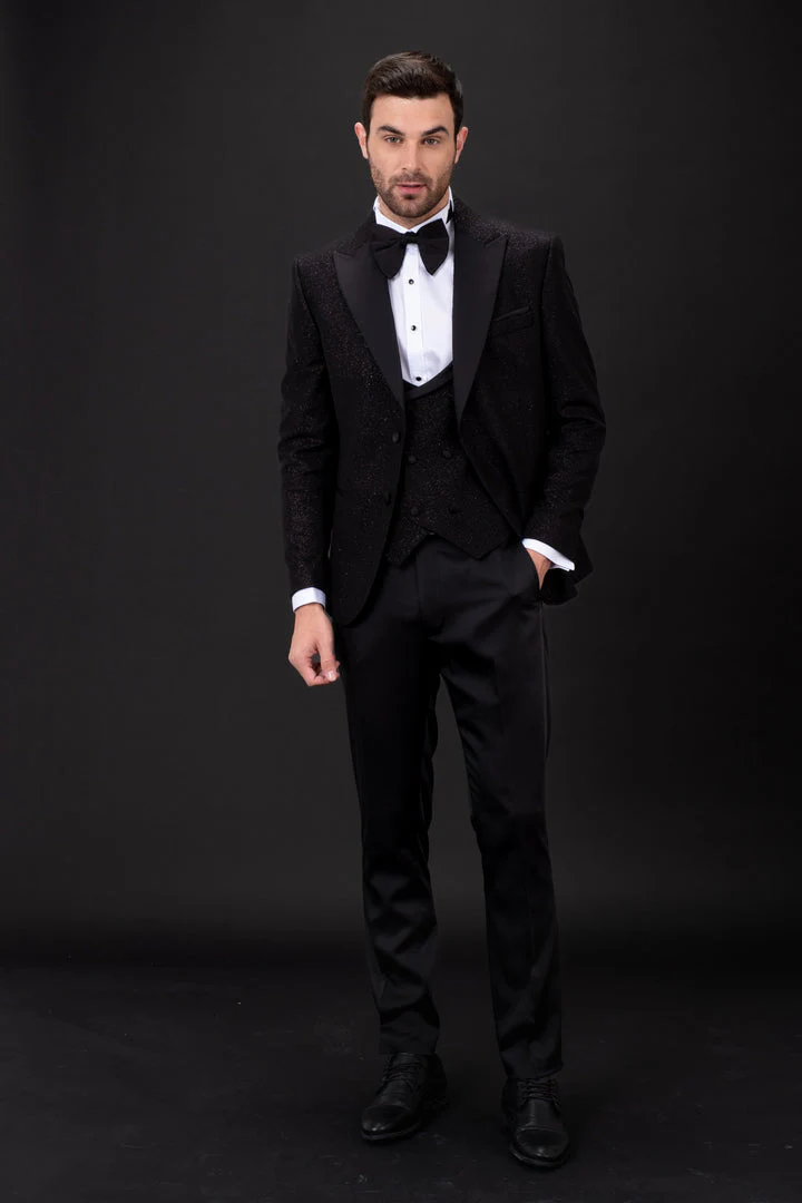 Mehmet Glitter 1 Button Slim Fit Tuxedo Suit, T14-BLACK - Image 3